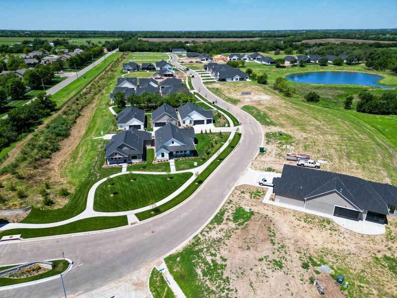 Aerial view of the The Courtyards at Jacobs Farm community in Wichita, KS, showing layout and nearby surroundings (Image 11). Aerial view of the The Courtyards at Jacobs Farm community in Wichita, KS, showing layout and nearby surroundings (Image 11).