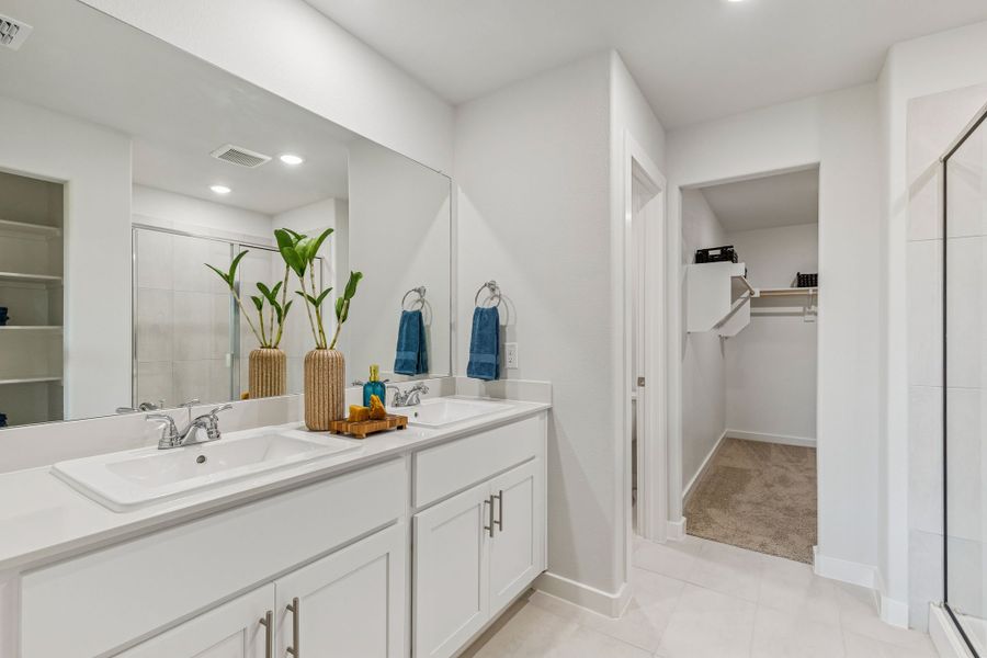 Primary Bathroom in a Terra Vella Hayden Model Home in Fort Worth TX by Trophy Signature Homes