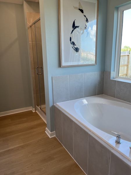 A serene bathroom featuring a spacious bathtub, light wood flooring, and a glass-enclosed shower with aquatic artwork. A serene bathroom featuring a spacious bathtub, light wood flooring, and a glass-enclosed shower with aquatic artwork.