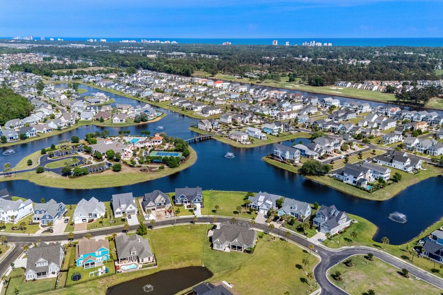 Aerial view of the Waterway Palms Plantation community in Myrtle Beach, SC, showing layout and nearby surroundings (Image 5). Aerial view of the Waterway Palms Plantation community in Myrtle Beach, SC, showing layout and nearby surroundings (Image 5).