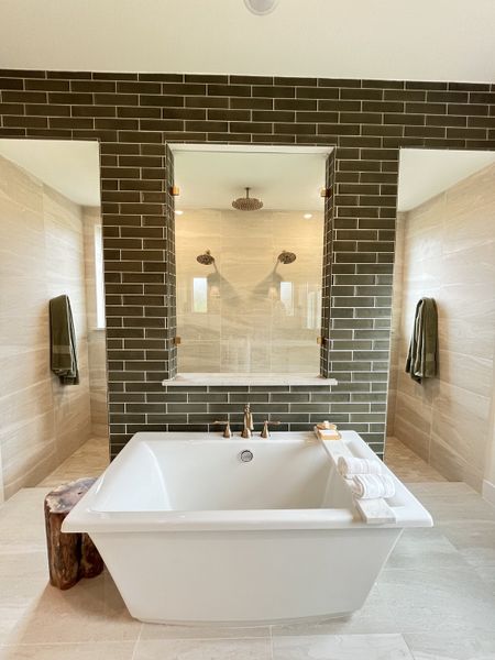 A luxurious bathroom featuring a sleek freestanding tub, earthy tiles, and modern fixtures for a serene spa-like retreat.