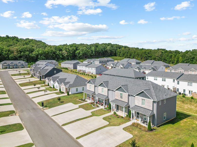 Aerial view of the Bellingham Townhomes community in Cleveland, TN, showing layout and nearby surroundings (Image 12).
