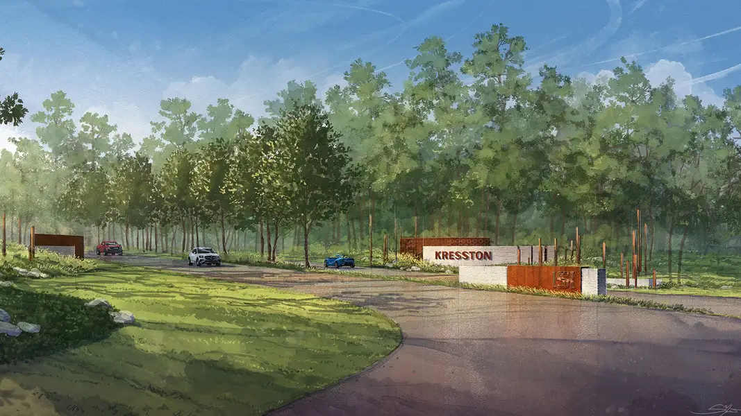 Entrance to the Kresston 50' community in Montgomery, TX, featuring signage and landscaping (Image 1). Entrance to the Kresston 50' community in Montgomery, TX, featuring signage and landscaping (Image 1).