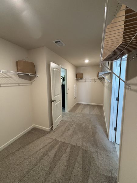 A spacious walk-in closet with plush carpeting, wire shelving, and bright lighting for organized living.