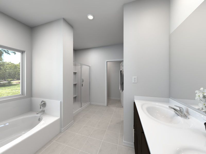 Virtual rendering of primary bathroom in the Sawyer floorplan