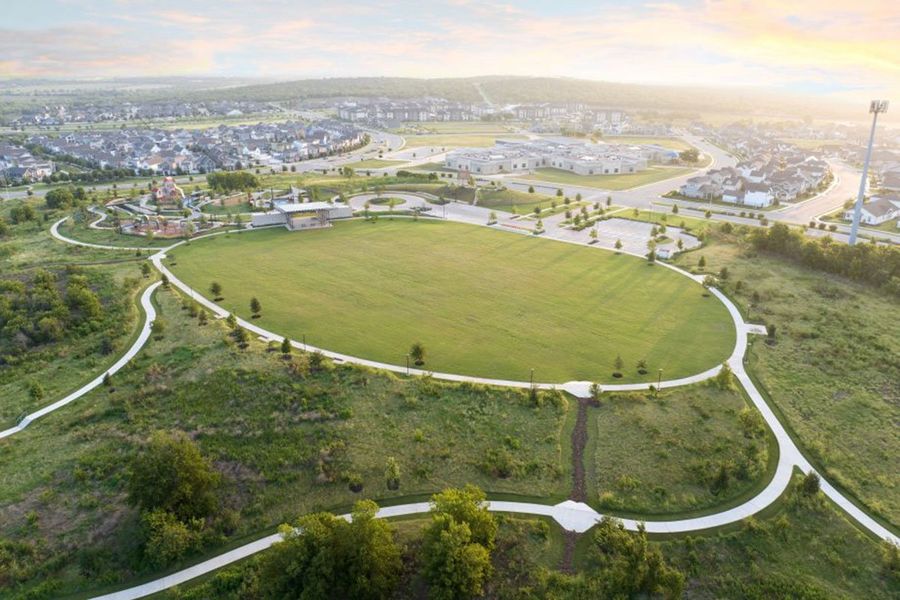 Aerial view of the Easton Park community in Austin, TX, showing layout and nearby surroundings (Image 1). Aerial view of the Easton Park community in Austin, TX, showing layout and nearby surroundings (Image 1).