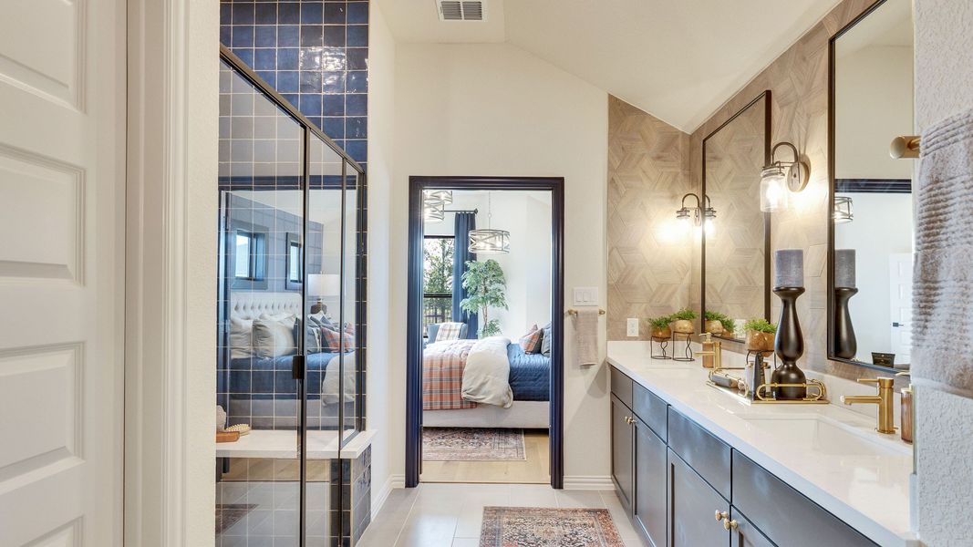 Opulent bathroom features exquisite geometric wall design, gold fixtures, blue tiles, located in Lakeside Meadows, Texas. Opulent bathroom features exquisite geometric wall design, gold fixtures, blue tiles, located in Lakeside Meadows, Texas.