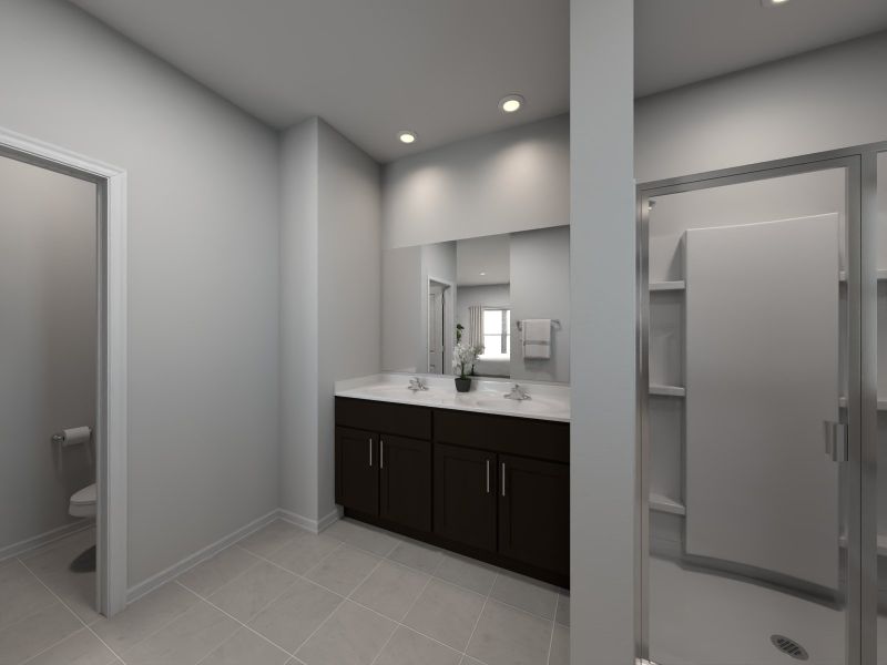 Virtual rendering of primary bathroom in Everett floorplan.