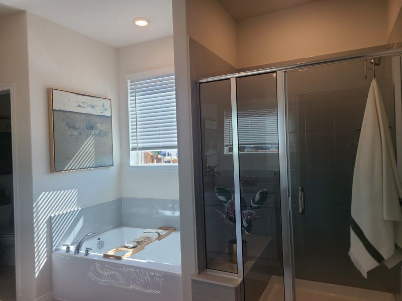 A bright bathroom with a sleek glass shower, soaking tub, and modern art piece on the wall.