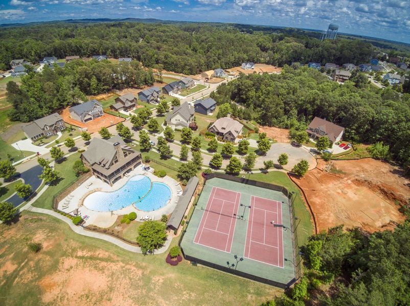 Aerial view of the The Reserve At Liberty Park community in Hoschton, GA, showing layout and nearby surroundings (Image 1). Aerial view of the The Reserve At Liberty Park community in Hoschton, GA, showing layout and nearby surroundings (Image 1).