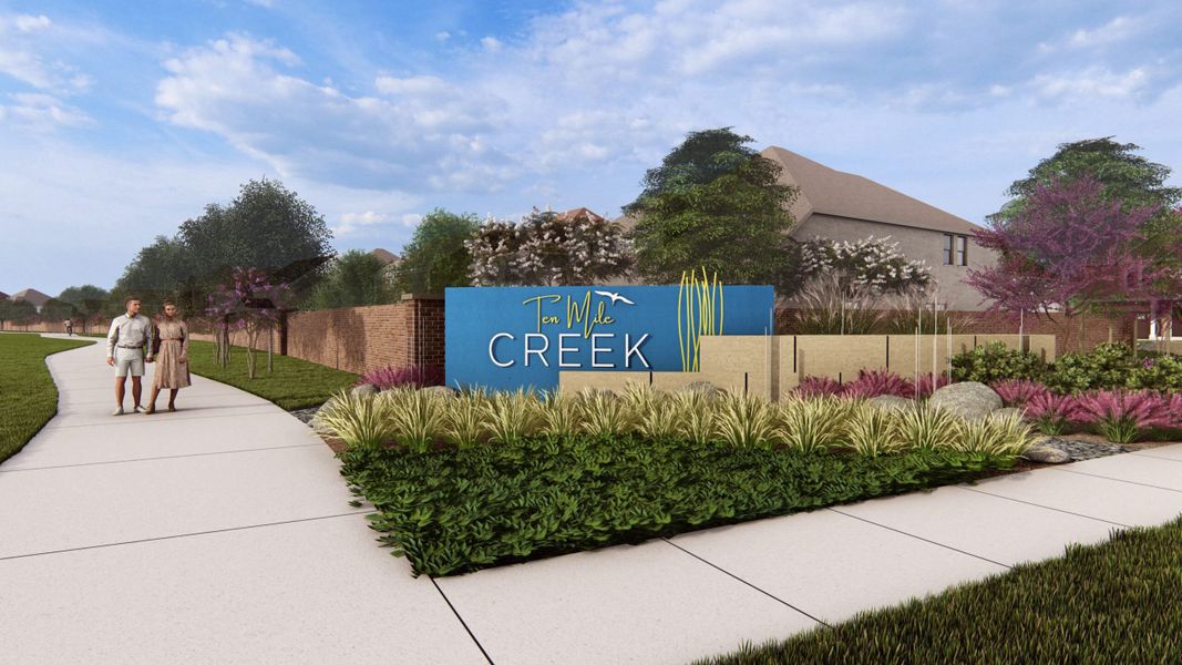 Entrance to the Ten Mile Creek community in Celina, TX, featuring signage and landscaping (Image 1). Entrance to the Ten Mile Creek community in Celina, TX, featuring signage and landscaping (Image 1).
