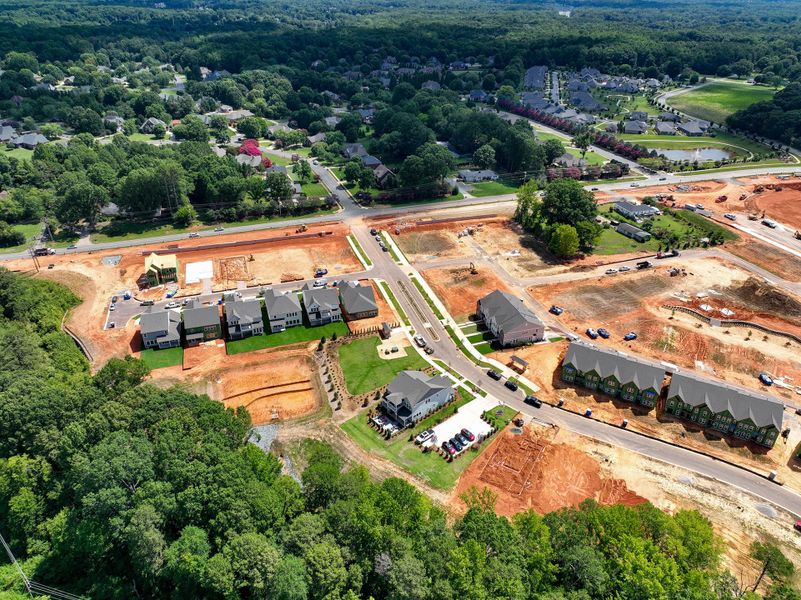 Aerial view of the The Reserve at Cadia Village community in Matthews, NC, showing layout and nearby surroundings (Image 8). Aerial view of the The Reserve at Cadia Village community in Matthews, NC, showing layout and nearby surroundings (Image 8).