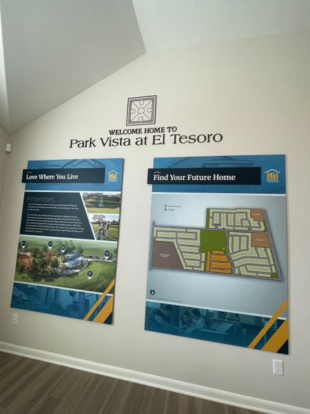 Informative setup highlighting amenities and layouts in the Park Vista at El Tesoro community by LGI Homes (Houston, TX).
