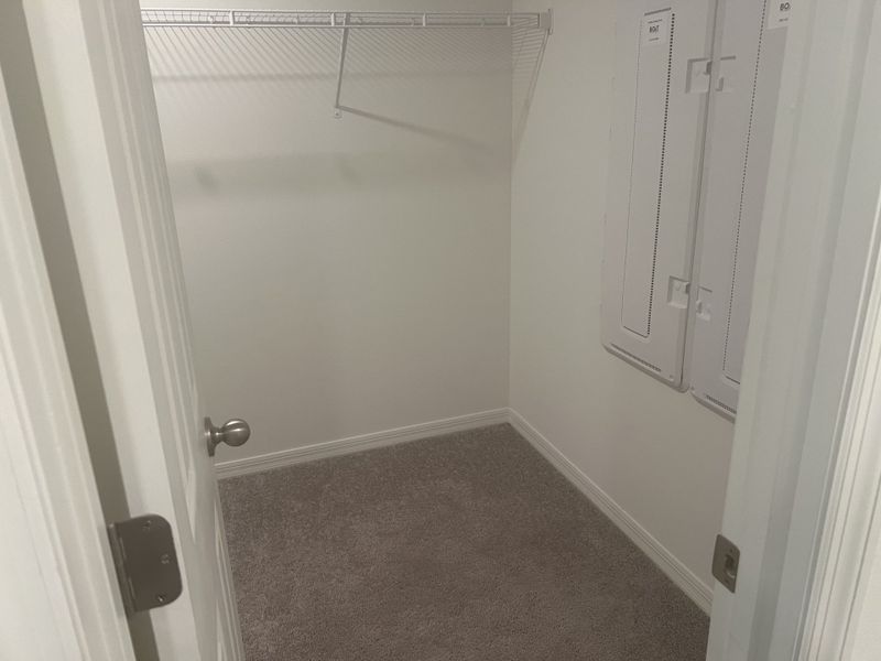 A spacious walk-in closet with soft carpet, wire shelving, and a neutral color palette.