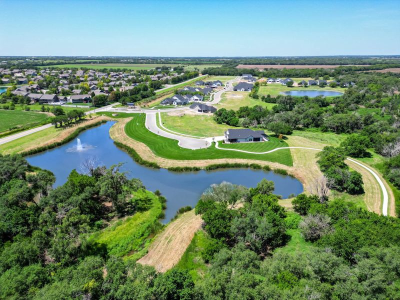 Aerial view of the The Courtyards at Jacobs Farm community in Wichita, KS, showing layout and nearby surroundings (Image 8). Aerial view of the The Courtyards at Jacobs Farm community in Wichita, KS, showing layout and nearby surroundings (Image 8).