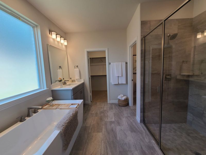 A luxurious bathroom featuring a spacious tub, dual vanity, and sleek glass shower.