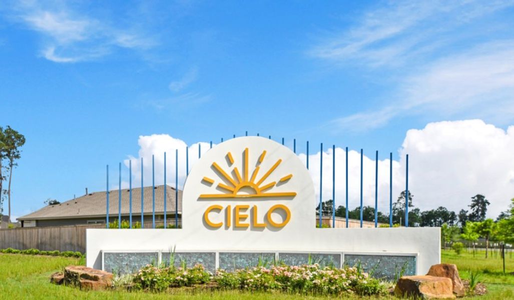 Entrance to the Cielo community in Conroe, TX, featuring signage and landscaping (Image 14). Entrance to the Cielo community in Conroe, TX, featuring signage and landscaping (Image 14).