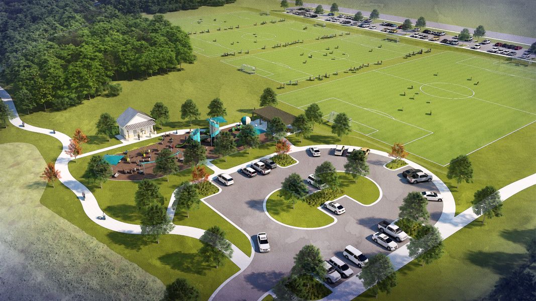 The public park at Parks at Foster Crossing featuring a playground at soccer fields.