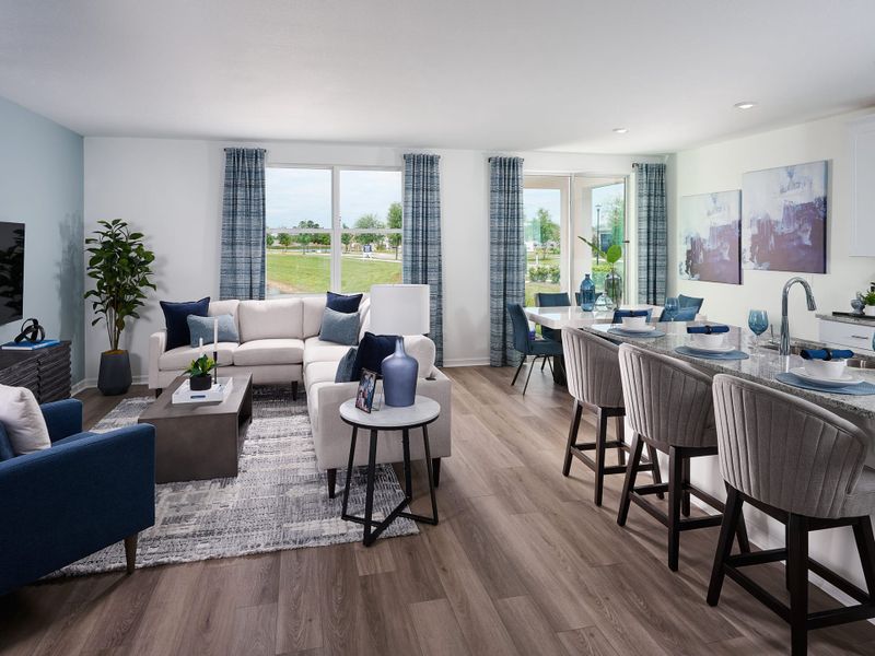 Great room in Hibiscus floorplan modeled at The Reserve at Twin Lakes