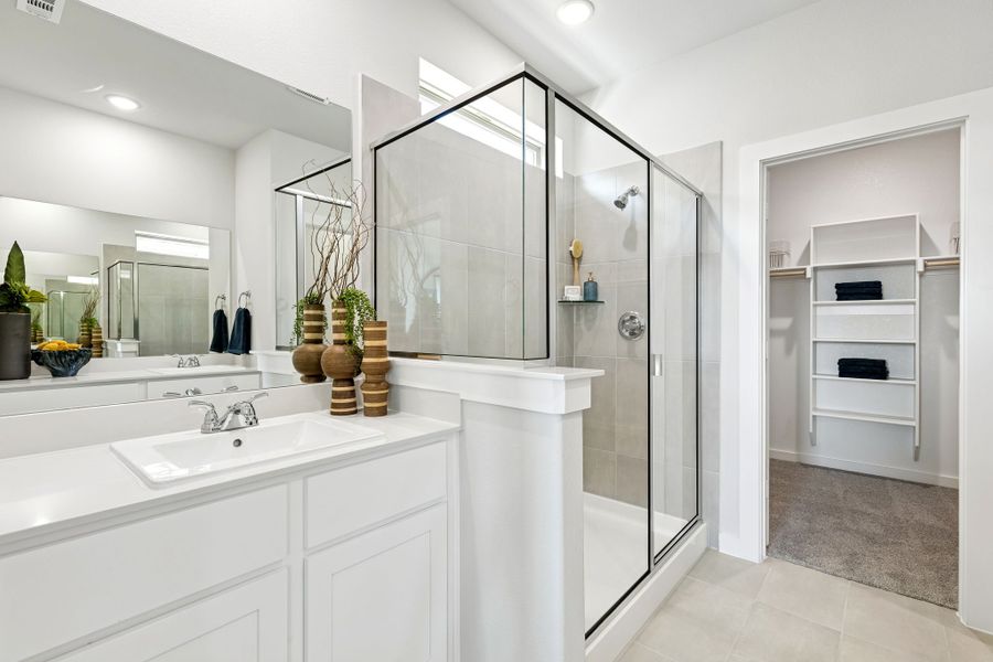 Primary Bathroom in a Nicholson Ranch Magnolia Model Home in Lavon TX by Trophy Signature Homes