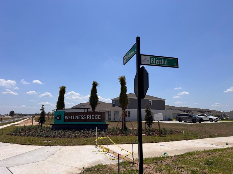 A welcoming development sign at Wellness Ridge: Manor Collection by Lennar in Clermont, FL, with a sunny street corner view.