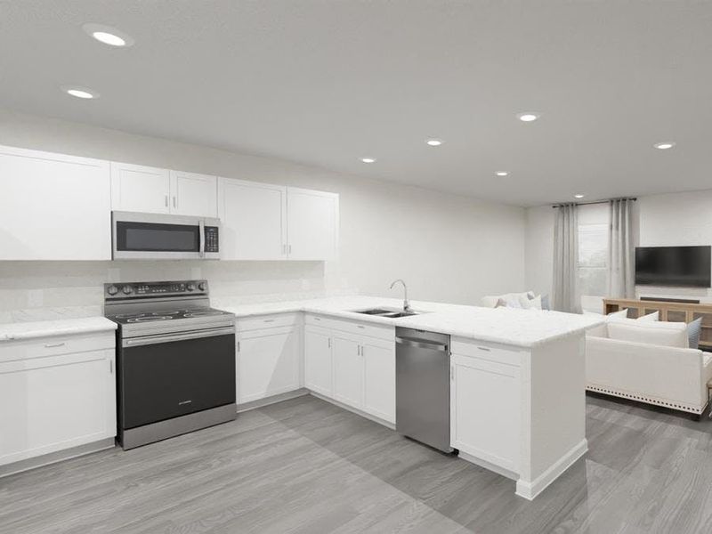 Your open kitchen includes beautiful features and finishes (Artists` rendering of the Catalina townhome)