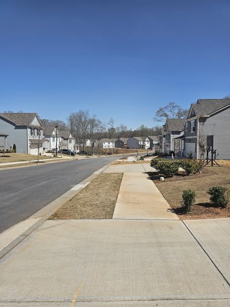 A picturesque street in Braselton Village by D.R. Horton features modern homes and landscaped yards in Braselton, GA.