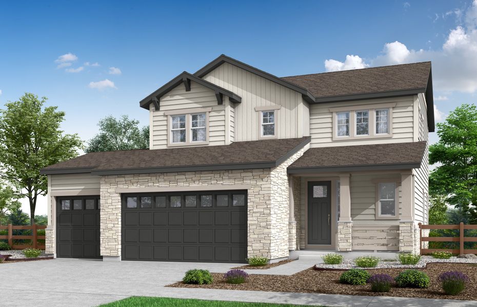 Front exterior of a home in the Prelude at The Aurora Highlands community, located in Aurora, CO (Image 2). Front exterior of a home in the Prelude at The Aurora Highlands community, located in Aurora, CO (Image 2).