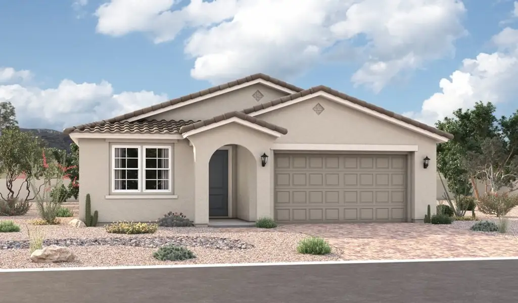 Front exterior of a home in the Seasons at Haciendas at White Peak community, located in Peoria, AZ (Image 7).