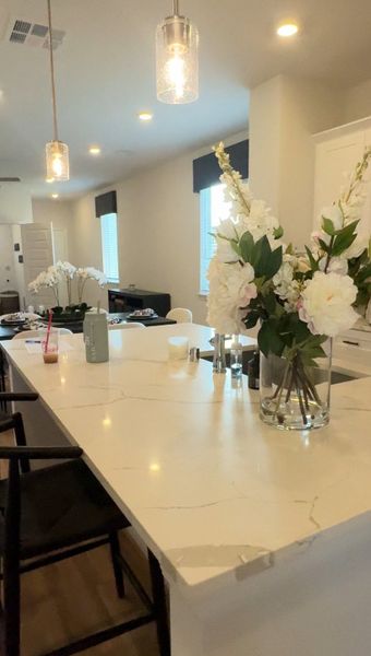 A modern kitchen with a sleek marble island, elegant pendant lighting, and floral centerpieces for a touch of nature. A modern kitchen with a sleek marble island, elegant pendant lighting, and floral centerpieces for a touch of nature.