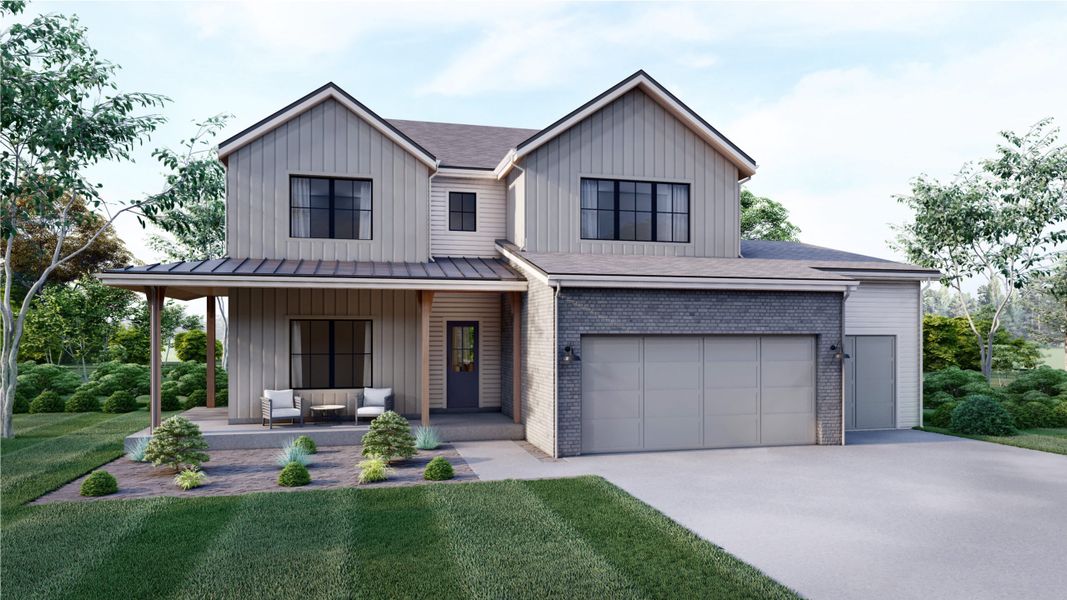 Front exterior of a home in the Harvest LiteLuxe community, located in Berthoud, CO (Image 10).