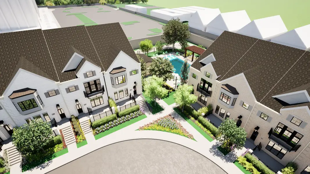 Aerial view of the The Townhomes at Swan Lake Estates community in Dallas, TX, showing layout and nearby surroundings (Image 1). Aerial view of the The Townhomes at Swan Lake Estates community in Dallas, TX, showing layout and nearby surroundings (Image 1).