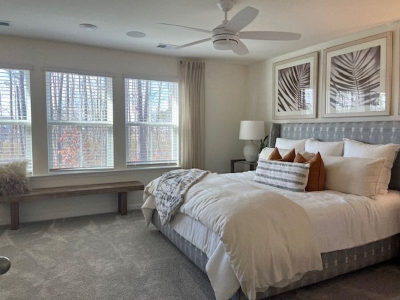 A cozy bedroom with a plush bed, soft carpeting, and large windows letting in natural light. Elegant wall decor enhances the space.