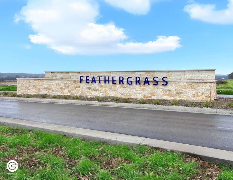 Entrance to the Feathergrass community in Florence, TX, featuring signage and landscaping (Image 1). Entrance to the Feathergrass community in Florence, TX, featuring signage and landscaping (Image 1).