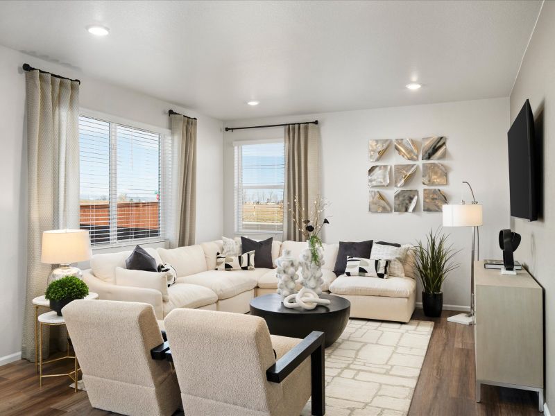 The Monarch floorplan interior image modeled at a Meritage Homes community in Johnstown, CO. The Monarch floorplan interior image modeled at a Meritage Homes community in Johnstown, CO.