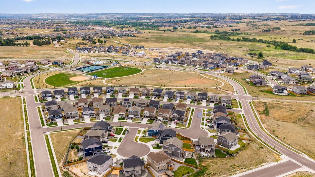 Aerial view of the Trails at Crowfoot community in Parker, CO, showing layout and nearby surroundings (Image 11). Aerial view of the Trails at Crowfoot community in Parker, CO, showing layout and nearby surroundings (Image 11).
