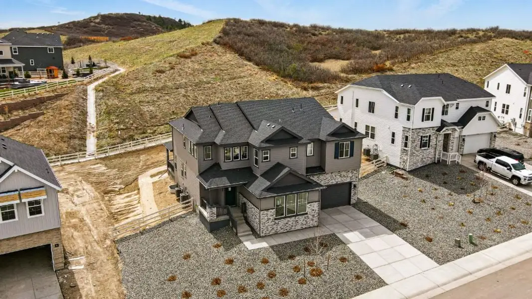 Aerial view of the Hillside at Crystal Valley Destination Collection community in Castle Rock, CO, showing layout and nearby surroundings (Image 4). Aerial view of the Hillside at Crystal Valley Destination Collection community in Castle Rock, CO, showing layout and nearby surroundings (Image 4).