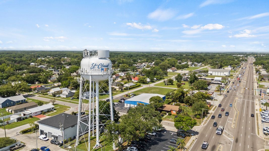 Aerial view of the St. Cloud, FL water tower overlooking city streets and neighborhoods near Cyrene at Harmony. Aerial view of the St. Cloud, FL water tower overlooking city streets and neighborhoods near Cyrene at Harmony.