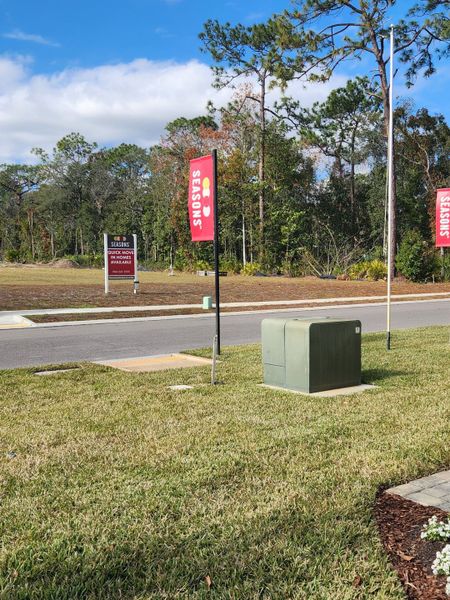 Landscaped entrance with signage at Seasons at Asher's Landing by Richmond American Homes in Jacksonville, FL.