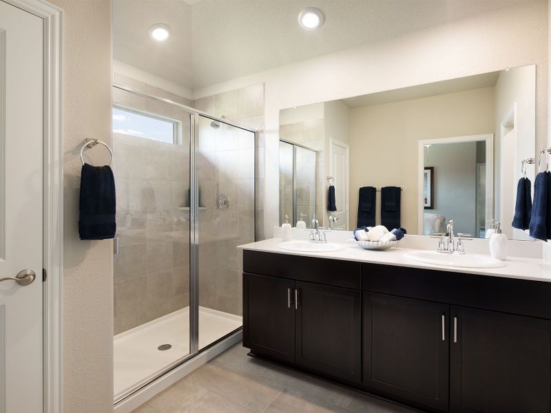 Primary bathroom with double vanity and large walk-in closet