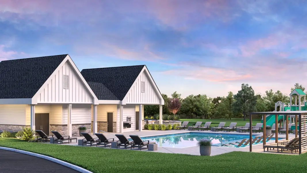 Outdoor swimming pool, sundeck, and cabanas