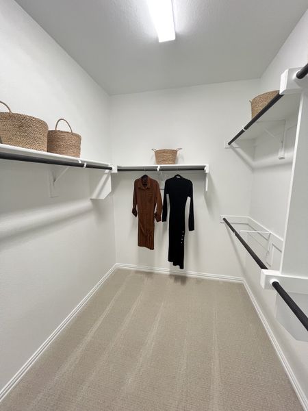 Spacious walk-in closet with white walls, light carpet, and neatly arranged baskets, offering ample storage options.
