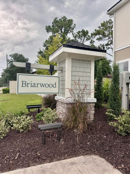 A charming entrance sign surrounded by lush greenery welcomes you to Briarwood by D.R. Horton in Jacksonville, FL. A charming entrance sign surrounded by lush greenery welcomes you to Briarwood by D.R. Horton in Jacksonville, FL.