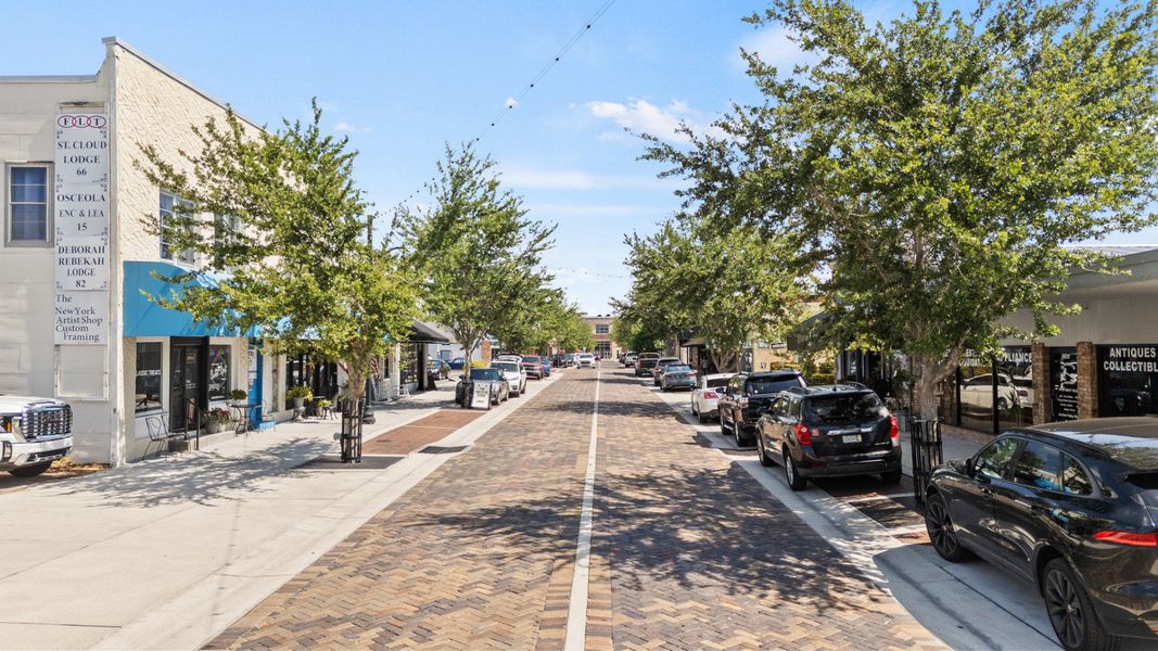 Brick-paved Main Street in downtown St. Cloud, FL offering shops, cafes, and small-town charm near Cyrene at Harmony. Brick-paved Main Street in downtown St. Cloud, FL offering shops, cafes, and small-town charm near Cyrene at Harmony.