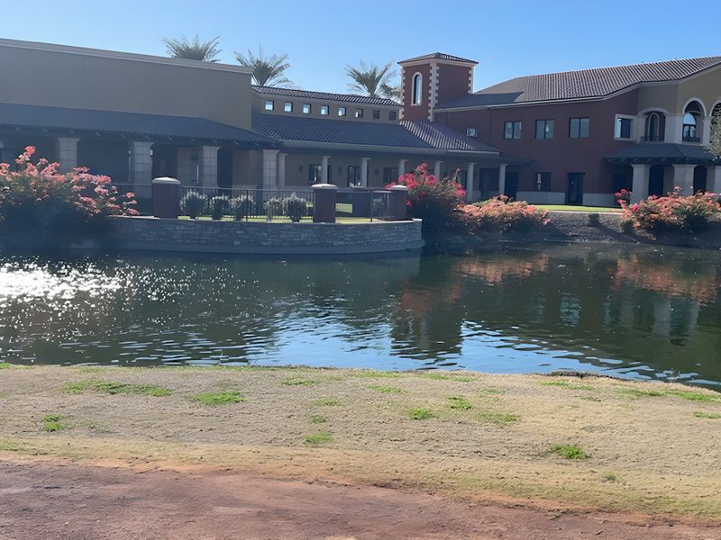 A serene view of elegant waterfront homes with lush landscaping in The Preserve at Province II by Meritage Homes (Maricopa, AZ).
