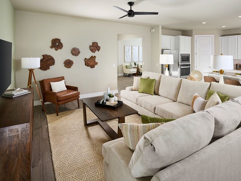 Family room in the Willet floorplan modeled at Crescent Lakes at Babcock Ranch