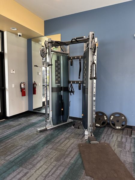 A modern gym with a multifunctional weight machine, striped carpet, and blue accent wall, creating an inviting workout space. A modern gym with a multifunctional weight machine, striped carpet, and blue accent wall, creating an inviting workout space.