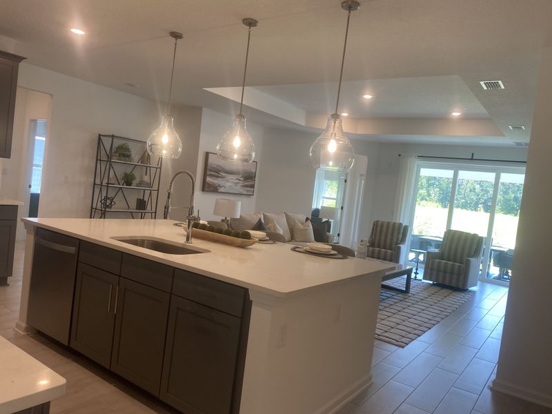 A modern kitchen with pendant lighting, a sleek island, and an open living area overlooking the patio and garden.