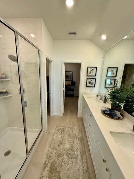 Stylish bathroom with a spacious shower, elegant vanity, and a cozy rug enhancing its inviting charm.