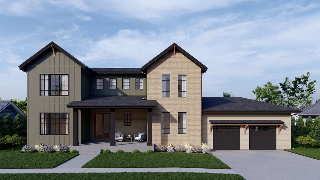 Front exterior of a home in the Harvest LiteLuxe community, located in Berthoud, CO (Image 14).